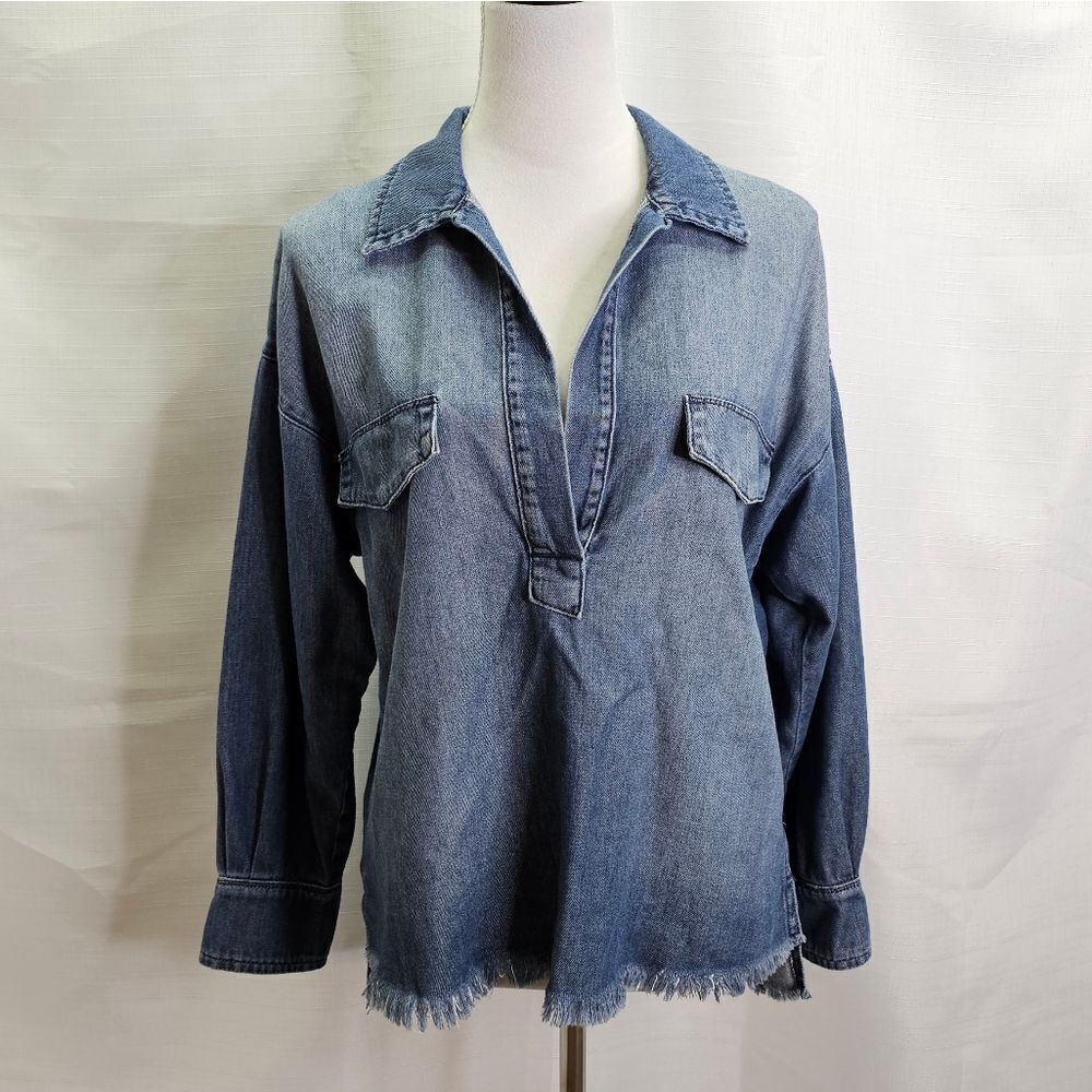 Rosa Cha Blue Chambray Fringe Pullover Tunic Size Small